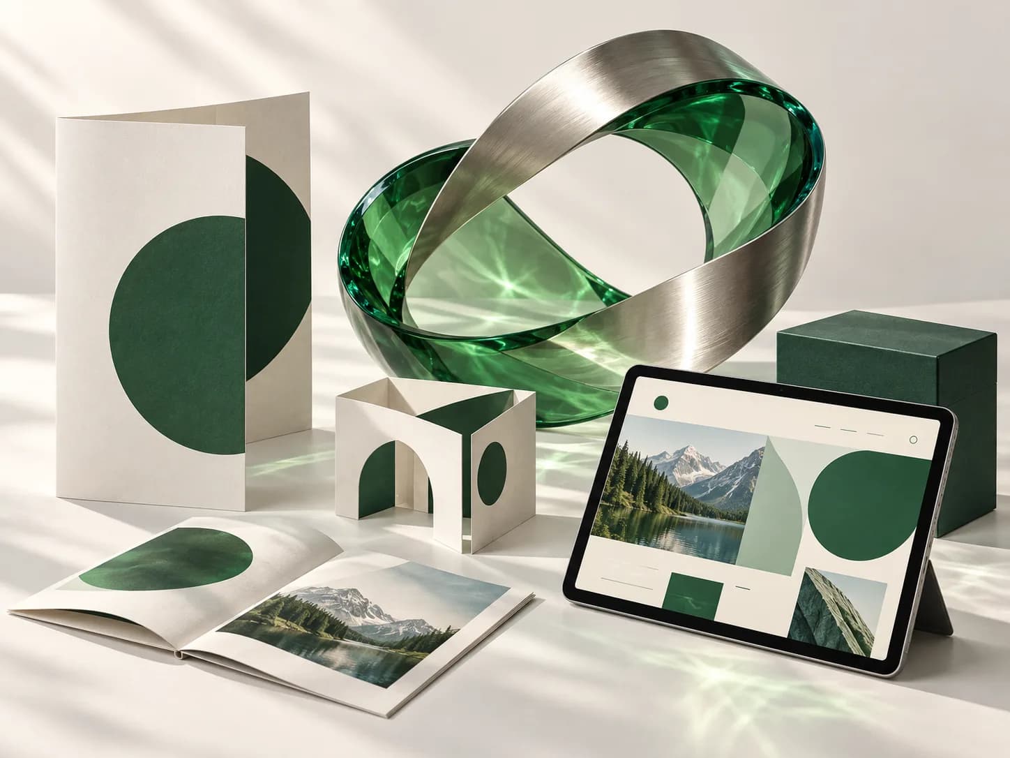 A sculptural glass loop connecting printed brand materials, packaging, and a digital experience. An illustration of our 360-degree approach.