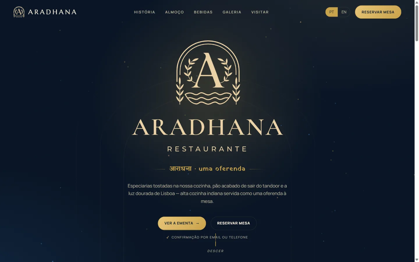 The delivered Aradhana homepage in Portuguese, with the crest, story, and reservation calls to action