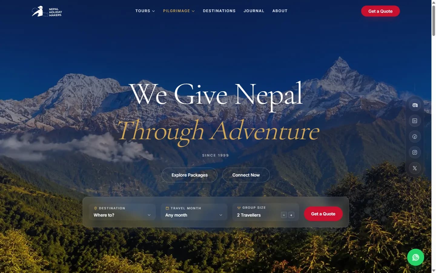 The delivered Holiday Maker Nepal homepage, with the Himalayan hero, package finder, and enquiry calls to action